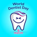 World Dentist Day. White tooth with a cute smile and colored bangs from toothpaste, blue background.